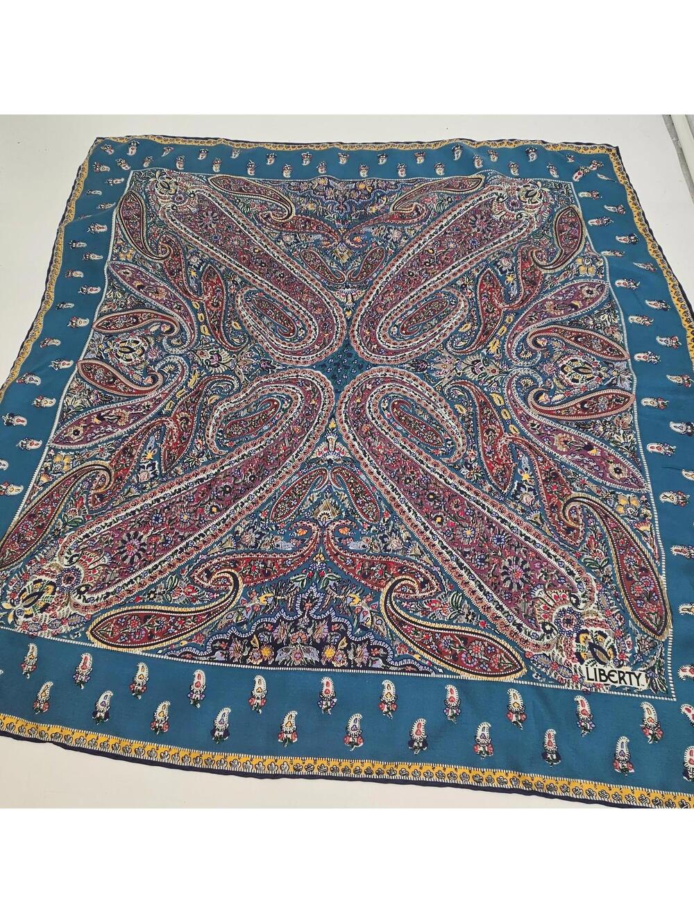 Liberty All Silk Scarf Made in England Blue Paisley Floral 26” Square Vintage